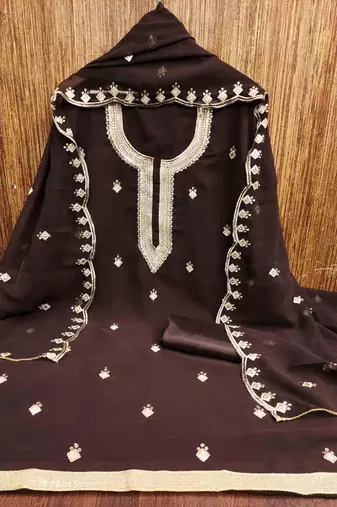 brown georgette embroidered unstitched dressmaterials 3 pair top bottom dupptaa