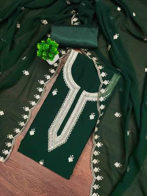 green georgette embroidered unstitched dressmaterials 3 pair top bottom dupptaa 1