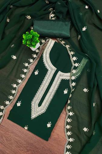 green georgette embroidered unstitched dress materials 3 pair top bottom dupatta