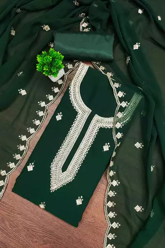 green georgette embroidered unstitched dressmaterials 3 pair top bottom dupptaa