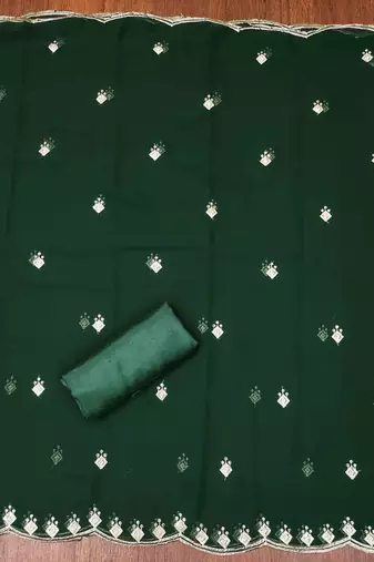 green georgette embroidered unstitched dressmaterials 3 pair top bottom dupptaa