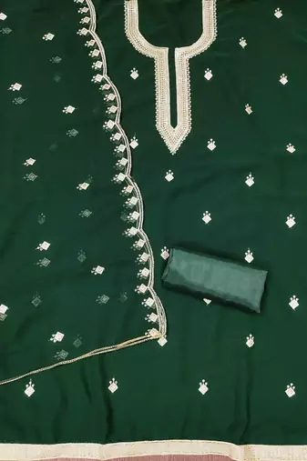 green georgette embroidered unstitched dressmaterials 3 pair top bottom dupptaa
