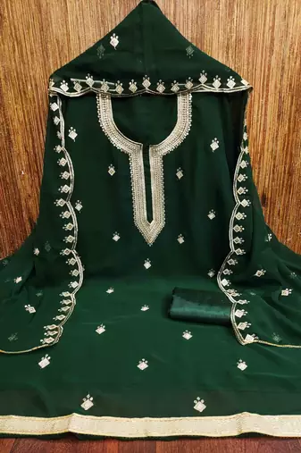 green georgette embroidered unstitched dressmaterials 3 pair top bottom dupptaa