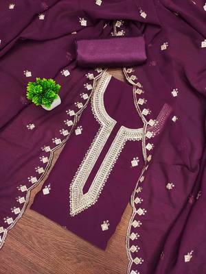 purple georgette embroidered unstitched dressmaterials 3 pair top bottom dupptaa 1