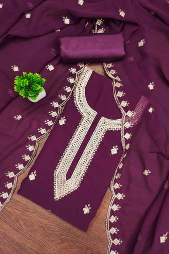 purple georgette embroidered unstitched dress materials 3 pair top bottom dupatta