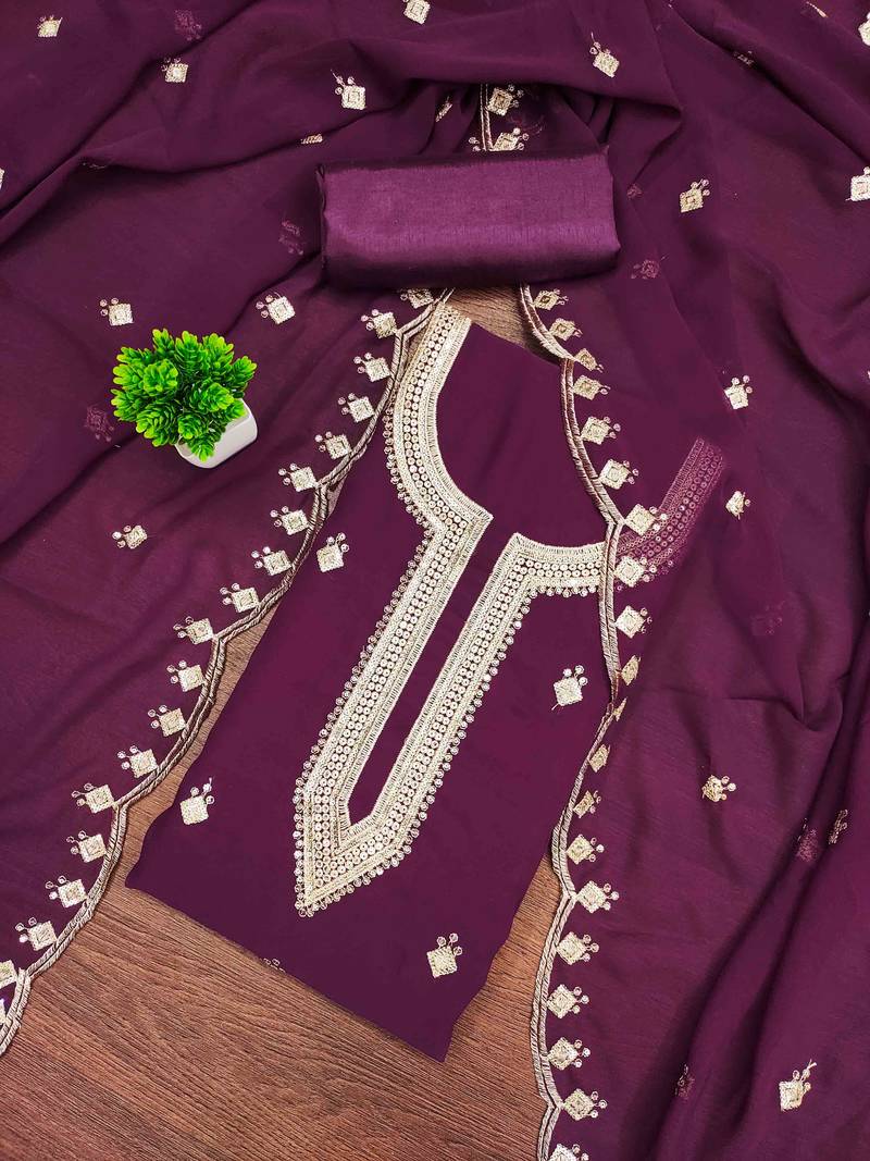 purple georgette embroidered unstitched dressmaterials 3 pair top bottom dupptaa