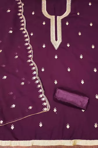 purple georgette embroidered unstitched dressmaterials 3 pair top bottom dupptaa