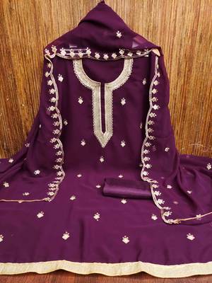 purple georgette embroidered unstitched dressmaterials 3 pair top bottom dupptaa 4