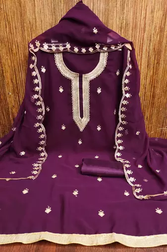 purple georgette embroidered unstitched dressmaterials 3 pair top bottom dupptaa