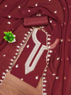 red georgette embroidered unstitched dressmaterials 3 pair top bottom dupptaa 1