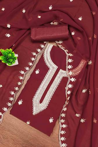 red georgette embroidered unstitched dress materials 3 pair top bottom dupatta