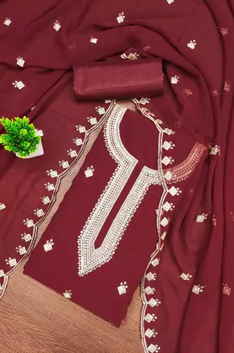 red georgette embroidered unstitched dressmaterials 3 pair top bottom dupptaa