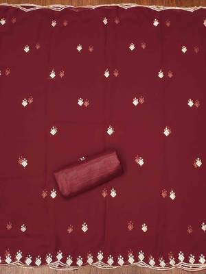 red georgette embroidered unstitched dressmaterials 3 pair top bottom dupptaa 2