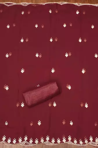 red georgette embroidered unstitched dressmaterials 3 pair top bottom dupptaa