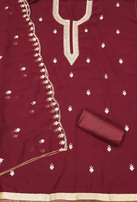 red georgette embroidered unstitched dressmaterials 3 pair top bottom dupptaa 3