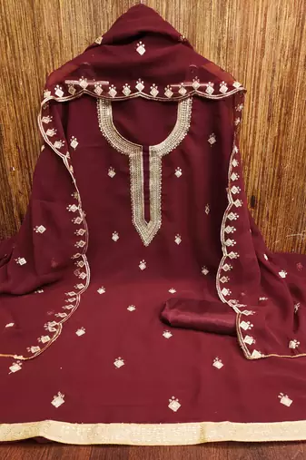 red georgette embroidered unstitched dressmaterials 3 pair top bottom dupptaa