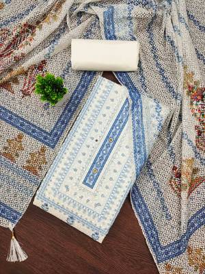 blue cotton blend embroidered unstitched dressmaterials 3 pair top bottom dupptaa 1