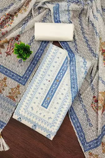 blue cotton blend embroidered unstitched dressmaterials 3 pair top bottom dupptaa