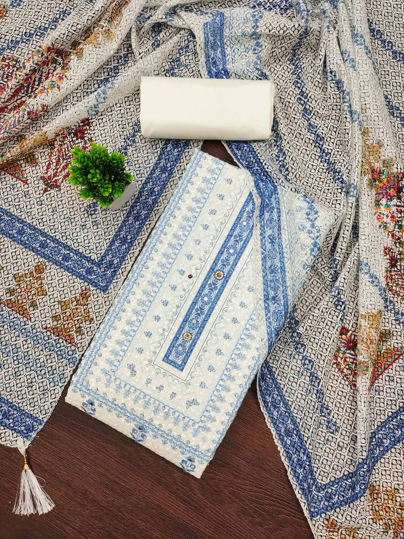 blue cotton blend embroidered unstitched dressmaterials 3 pair top bottom dupptaa