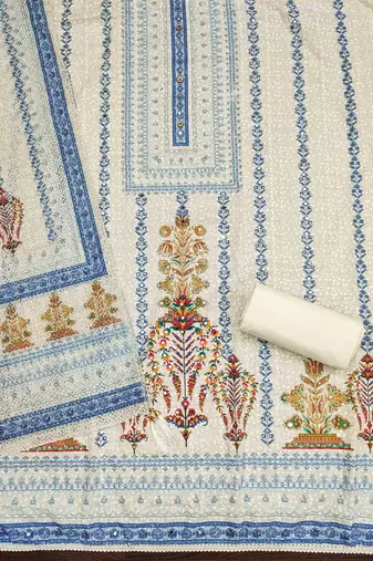 blue cotton blend embroidered unstitched dressmaterials 3 pair top bottom dupptaa