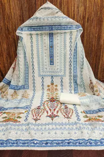 blue cotton blend embroidered unstitched dressmaterials 3 pair top bottom dupptaa