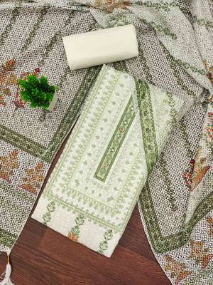 green cotton blend embroidered unstitched dressmaterials 3 pair top bottom dupptaa 1