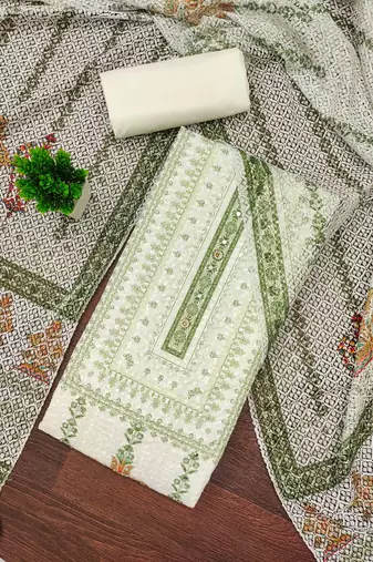green cotton blend embroidered unstitched dressmaterials 3 pair top bottom dupptaa