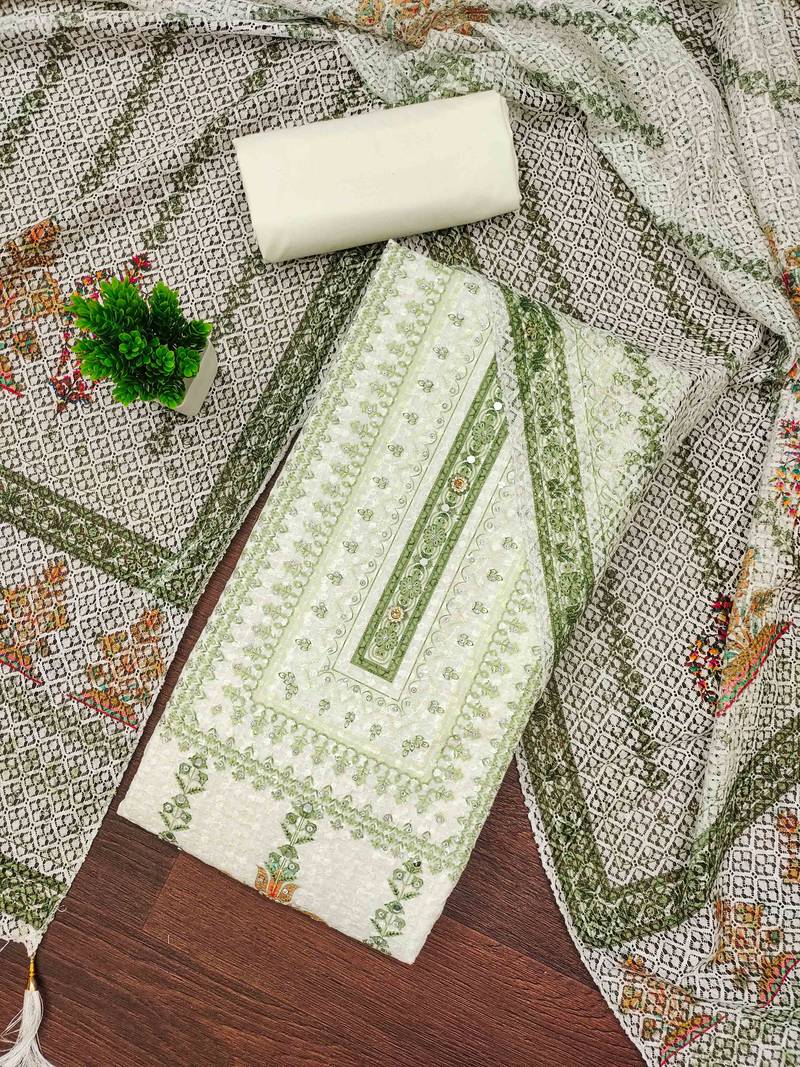 green cotton blend embroidered unstitched dressmaterials 3 pair top bottom dupptaa