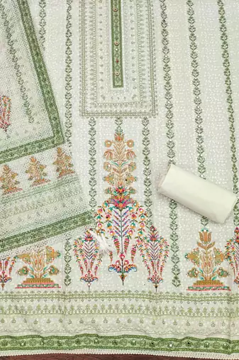 green cotton blend embroidered unstitched dressmaterials 3 pair top bottom dupptaa