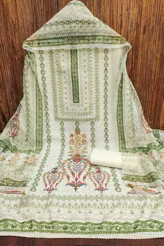 green cotton blend embroidered unstitched dressmaterials 3 pair top bottom dupptaa