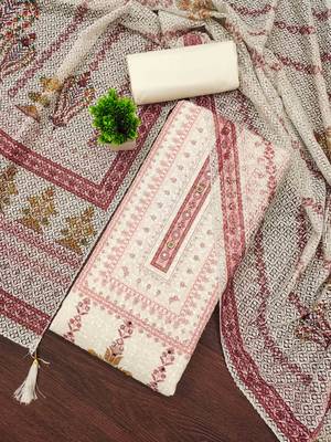 red cotton blend embroidered unstitched dressmaterials 3 pair top bottom dupptaa 1