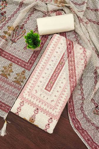 red cotton blend embroidered unstitched dressmaterials 3 pair top bottom dupptaa