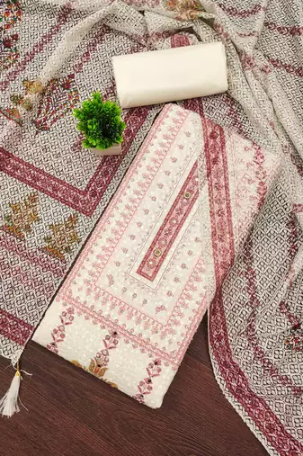 red cotton blend embroidered unstitched dressmaterials 3 pair top bottom dupptaa
