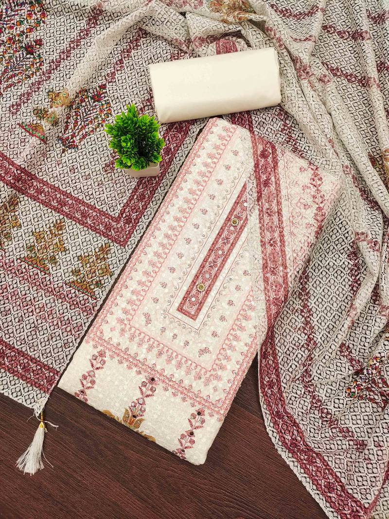red cotton blend embroidered unstitched dressmaterials 3 pair top bottom dupptaa