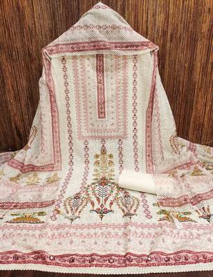 red cotton blend embroidered unstitched dressmaterials 3 pair top bottom dupptaa 4