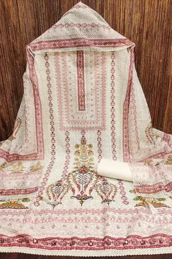 red cotton blend embroidered unstitched dressmaterials 3 pair top bottom dupptaa