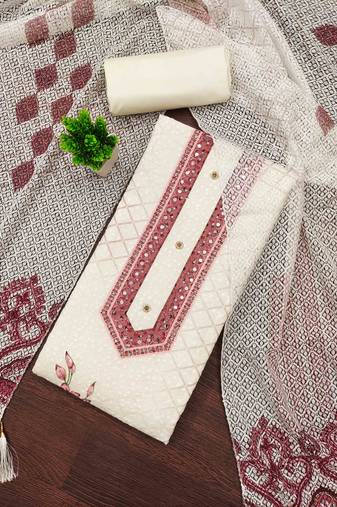 brown cotton blend embroidered unstitched dressmaterials 3 pair top bottom dupptaa