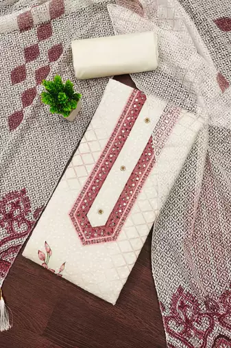 brown cotton blend embroidered unstitched dressmaterials 3 pair top bottom dupptaa