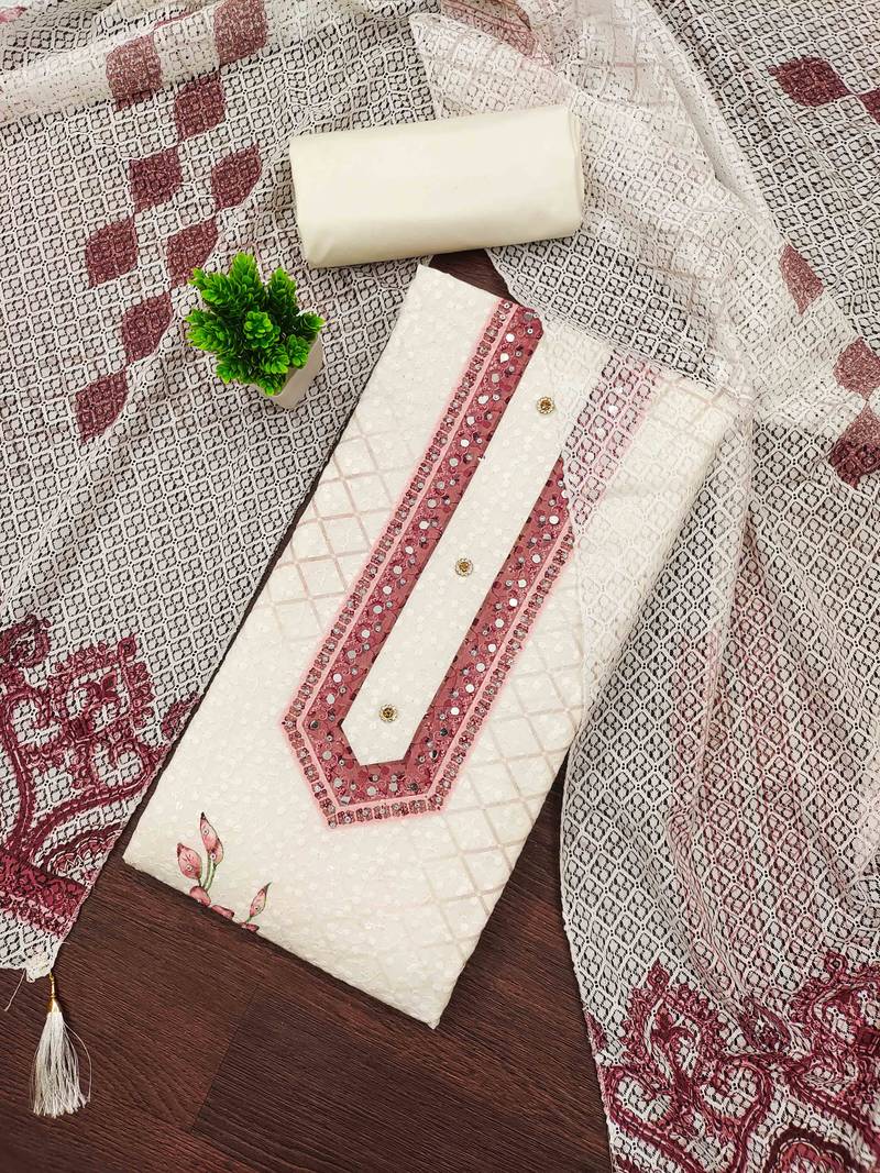 brown cotton blend embroidered unstitched dressmaterials 3 pair top bottom dupptaa