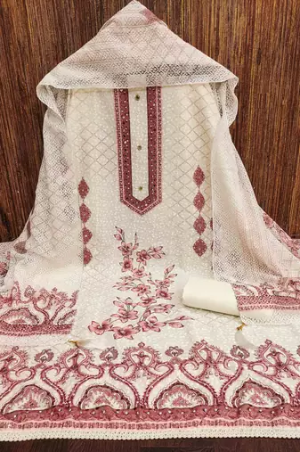 brown cotton blend embroidered unstitched dressmaterials 3 pair top bottom dupptaa
