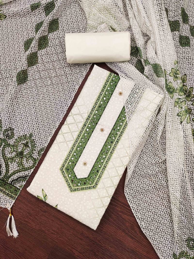 green cotton blend embroidered unstitched dressmaterials 3 pair top bottom dupptaa
