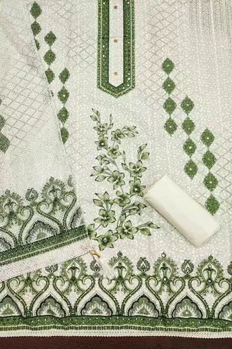green cotton blend embroidered unstitched dressmaterials 3 pair top bottom dupptaa