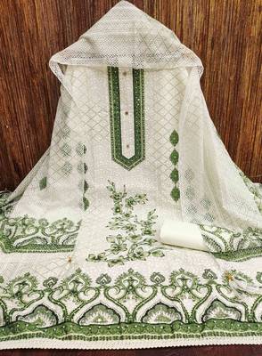 green cotton blend embroidered unstitched dressmaterials 3 pair top bottom dupptaa 4