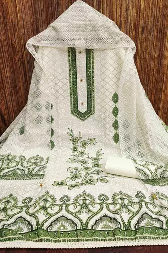 green cotton blend embroidered unstitched dressmaterials 3 pair top bottom dupptaa