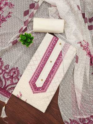 pink cotton blend embroidered unstitched dressmaterials 3 pair top bottom dupptaa 1