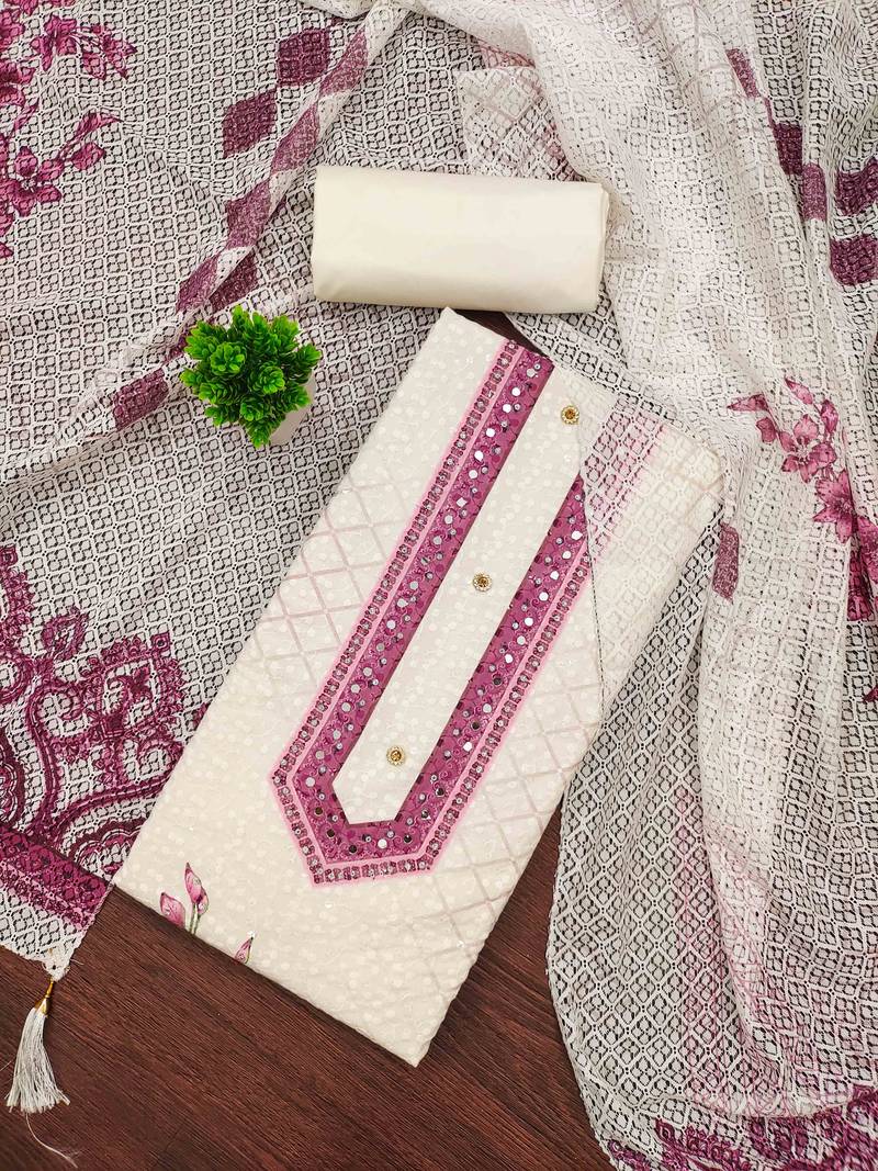 pink cotton blend embroidered unstitched dressmaterials 3 pair top bottom dupptaa