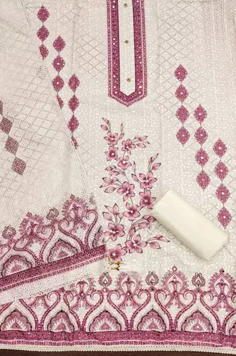 pink cotton blend embroidered unstitched dressmaterials 3 pair top bottom dupptaa