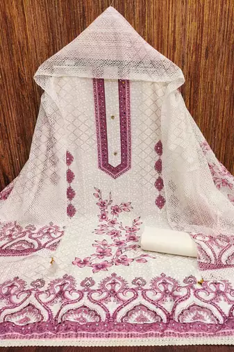 pink cotton blend embroidered unstitched dressmaterials 3 pair top bottom dupptaa