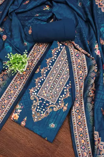 blue silk blend embroidered unstitched dressmaterials 3 pair top bottom dupptaa