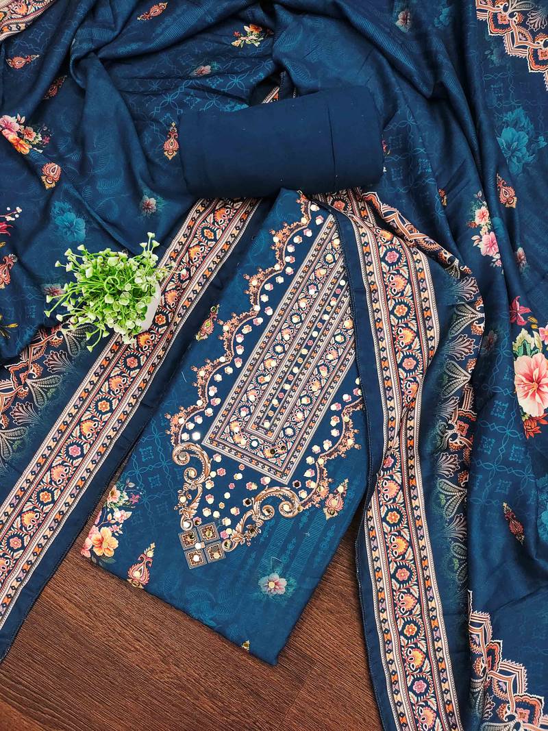 Blue silk embroidered unstitched dressmaterials 3 pair top bottom dupptaa